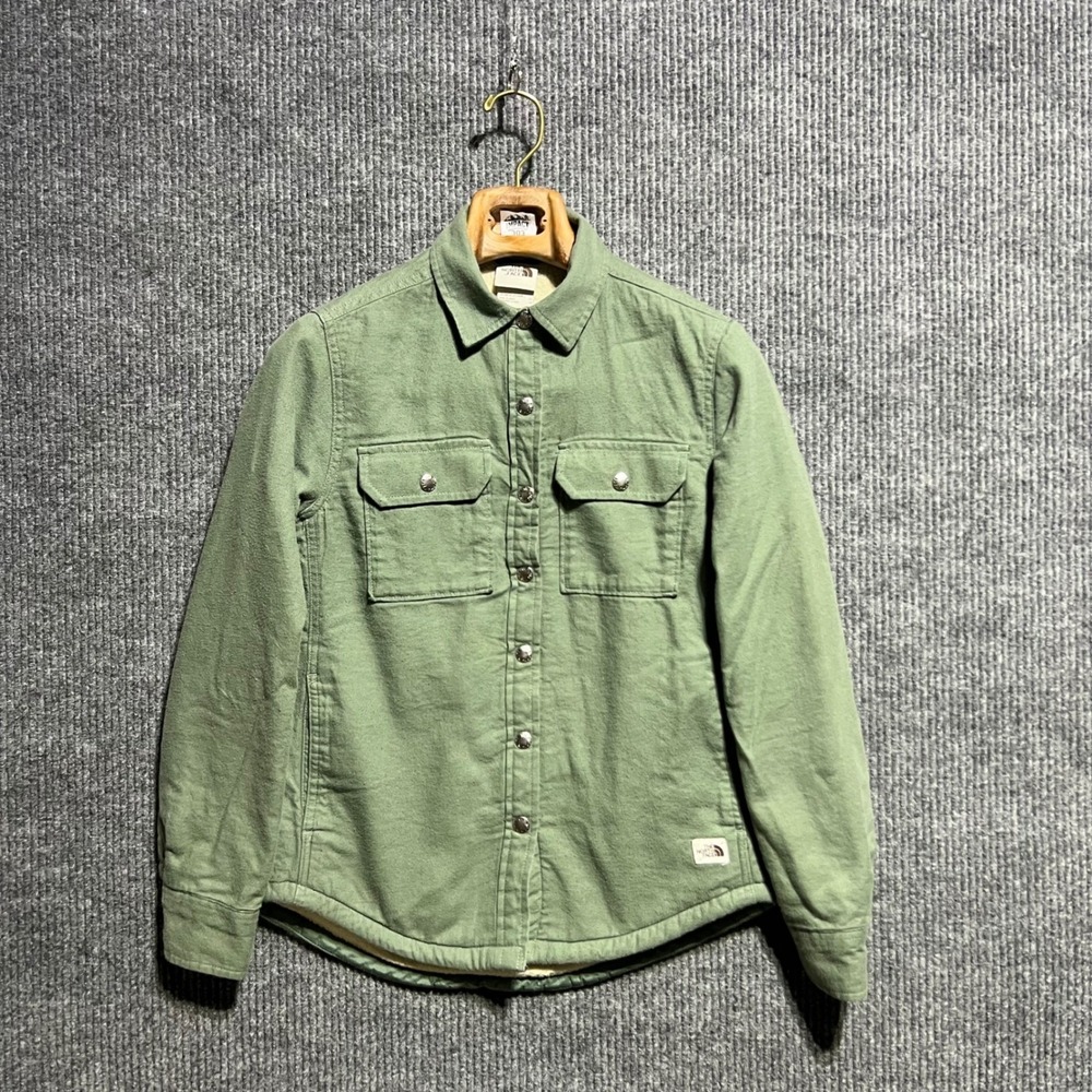 The North Face Shirt Jacket Womens XS Green Sherpa Lined Canvas Snap Up Shacket